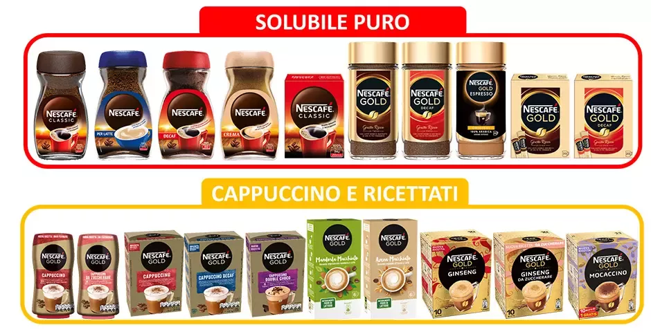 Gamma di caffè solubile puro, cappuccino e ricettati Nescafé